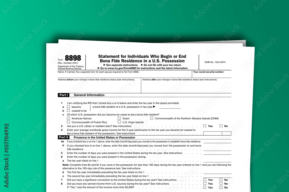 Naklejka premium Form 8898 documentation published IRS USA 10.14.2021. American tax document on colored