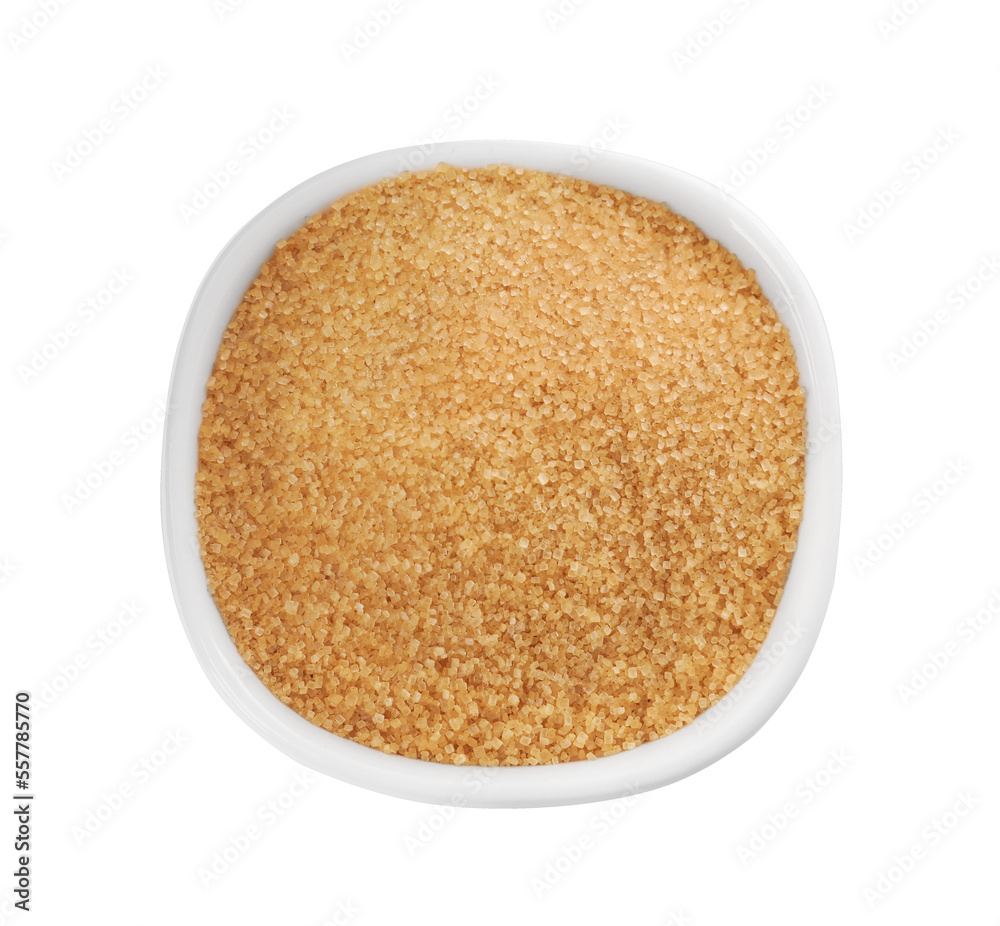 Bowl of granulated brown sugar isolated on white, top view Bowl of granulated brown sugar isolated on white, top view