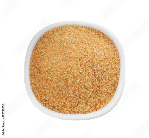 Bowl of granulated brown sugar isolated on white, top view