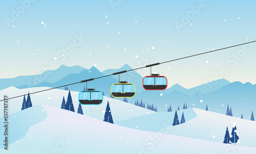 Colorful ski cabin lift gondolas on the cableway, chalet, winter mountain landscape, snowy peaks, and slopes. Vector flat illustration.