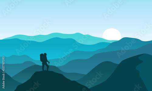 Beautiful mountain lanscape and adventurer vector. Suitable for background, landing page, and any other
