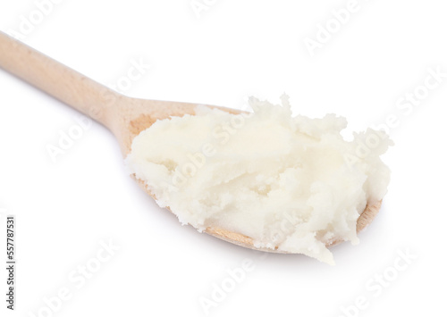 Wooden spoon with delicious pork lard isolated on white