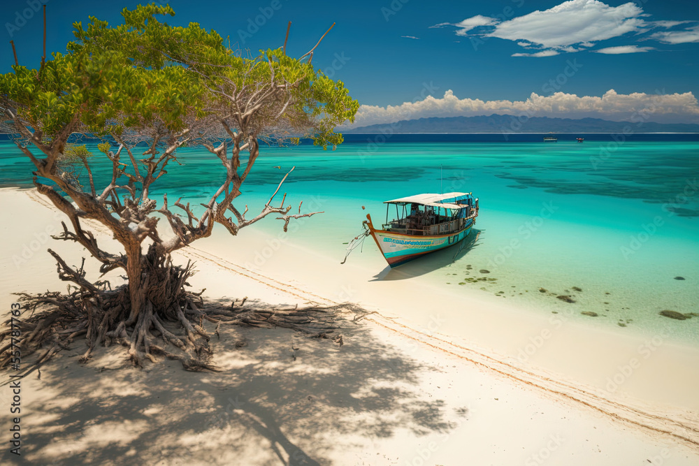 Indonesia's Gili Trawangan tropical beach offers a lovely view of a boat on the water. Generative AI