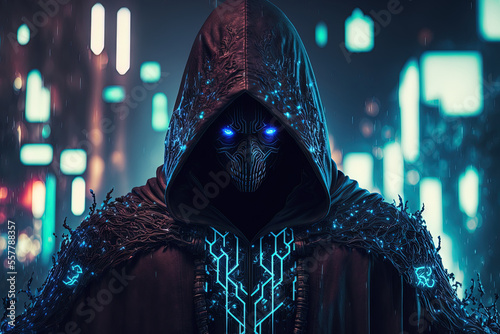 a dark cybermage cyberpunk sorcerer wearing a cloak and a hood, created using neural networks. Generative AI