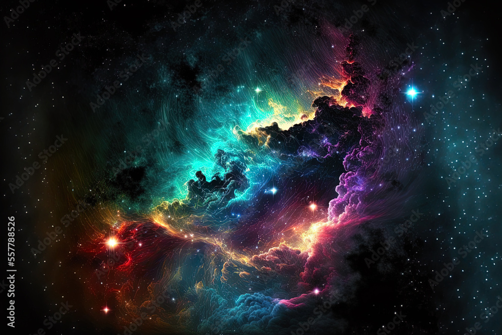 Naklejka premium Black background with multicolored fractal nebula dust. Generative AI