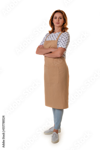 Full length woman with crossed arms posing isolated on white background