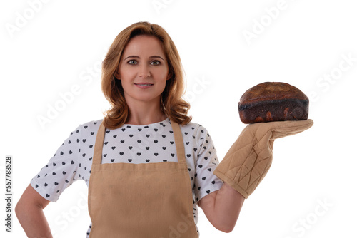 Close up portrait of woman in apron holding a sourdough homemade bread, isolated on white background