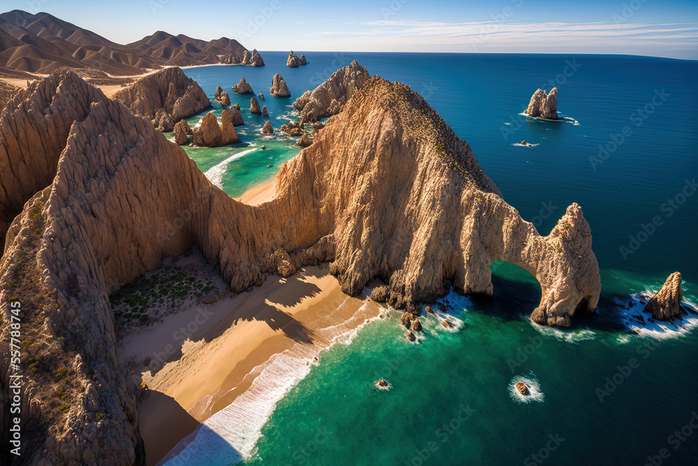 An aerial image of Lands End and the Arch at Cabo San Lucas, Baja California Sur, Mexico, at the point where the Pacific Ocean and the Gulf of California converge. Generative AI - obrazy, fototapety, plakaty 