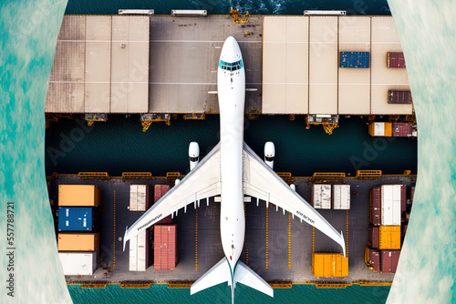 Aerial and top views of a cargo jet flying above a ship port carrying international products for export and import. Crane freight delivery to port. Generative AI