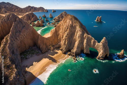 Fotografija An aerial image of Lands End and the Arch at Cabo San Lucas, Baja California Sur, Mexico, at the point where the Pacific Ocean and the Gulf of California converge