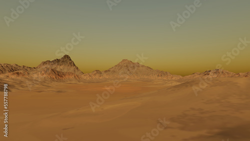 Rocky mountains, a martian landscape, sandy ground and hazy sky.