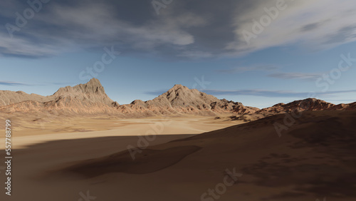 Desert, a rocky landscape, dry ground, stony mountains and clouds in the sky.