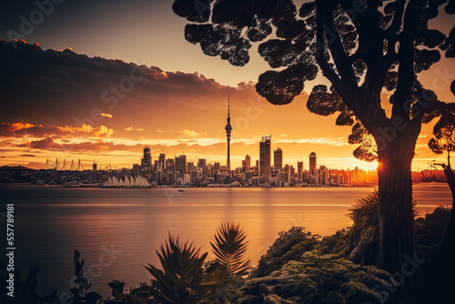 Sunset in New Zealand with the Auckland Sky Tower and the city's skyline. Generative AI