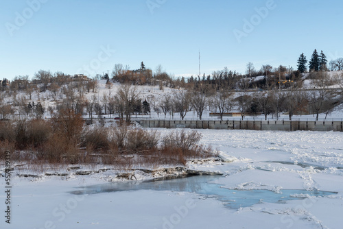 Frozen Bow River, temperature -38C, Calgary, riverside walk, Alberta, Canada