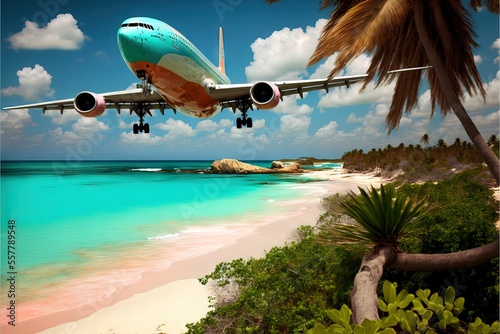 A Commercial Aircraft Landing on a Caribbean Island  With Blue Sky  Amazing Landscape  For Vacation and Luxury activities
