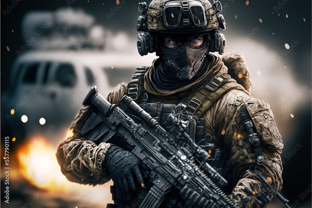 Realistic digital illustration of an elite soldier on the background of