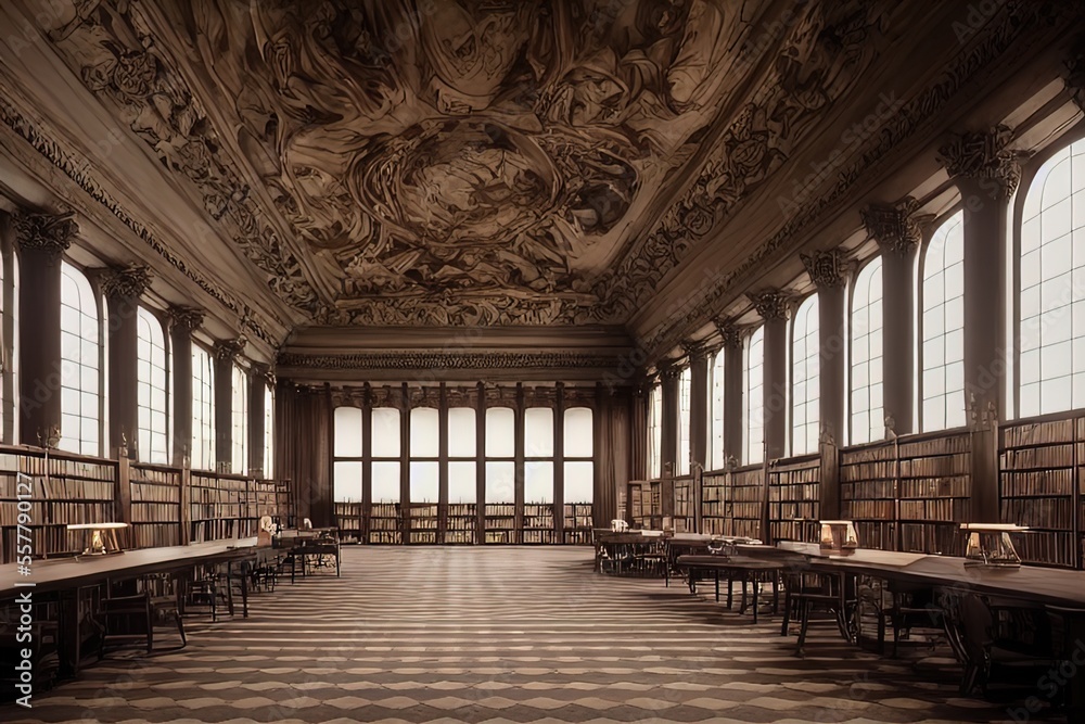 The ancient majestic hall of the library. AI