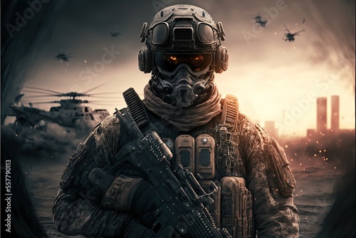 Realistic digital illustration of an elite soldier on the background of military equipment Fototapet
