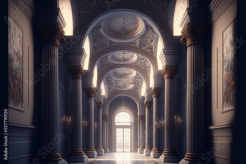The ancient majestic hall of the library. AI