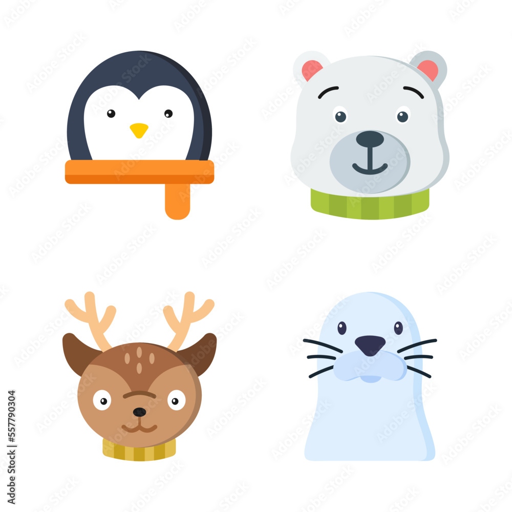 Cute Winter Animals Faces With Neckerchief Set, Objects, Festive, Celebrations