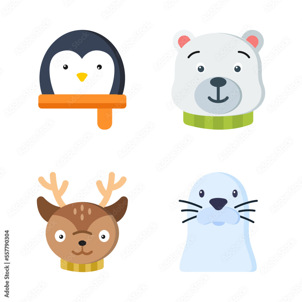 Cute Winter Animals Faces With Neckerchief Set, Objects, Festive, Celebrations Cute Winter Animals Faces With Neckerchief Set, Objects, Festive, Celebrations