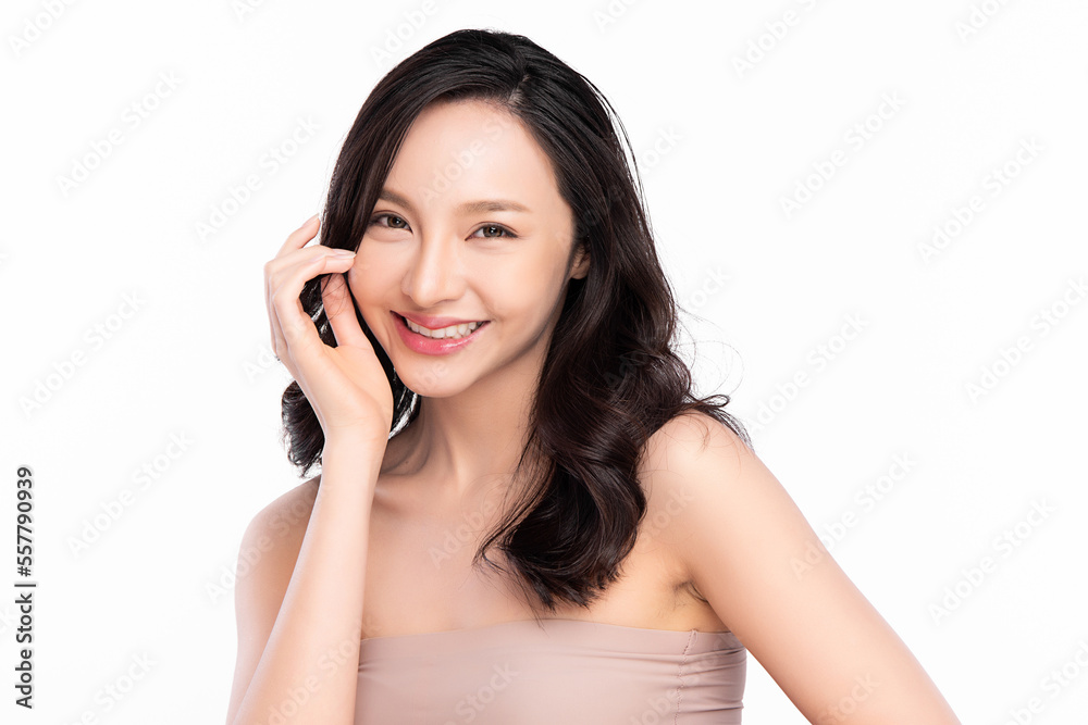 Beautiful young asian woman with clean fresh skin on white background, Face care, Facial treatment, Cosmetology, beauty and spa, Asian women portrait.