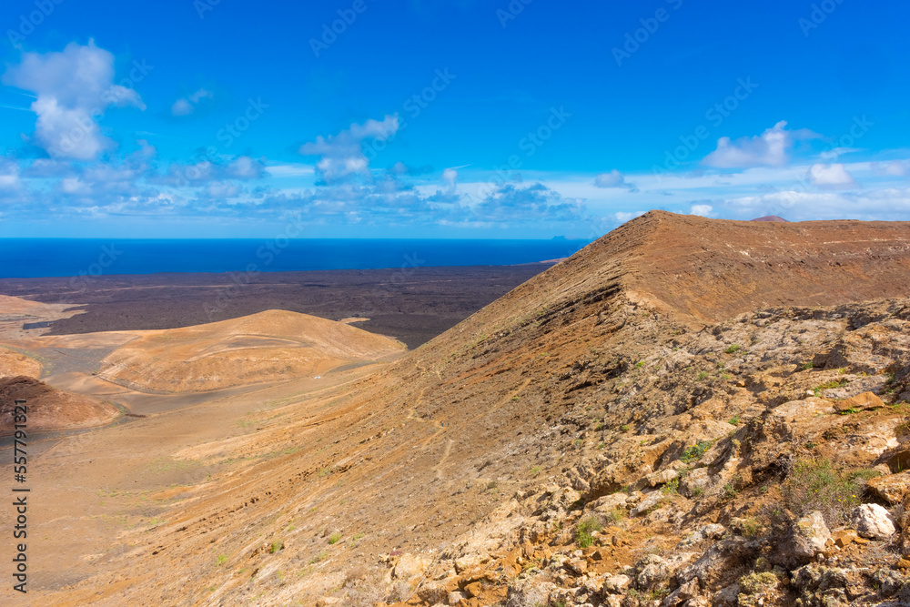 Dramatic landscape viewed from the top of Caldera Blanca volcano, Lanzarote, Canary Islands,  Spain