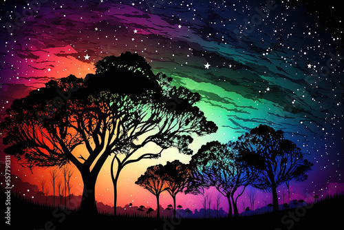 landscape with a colorful night sky backdrop and silhouetted trees. Generative AI
