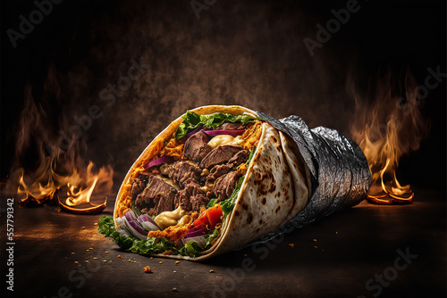 Turkish fast food delicious homemade shawarma. Burrito wrap with chicken and vegetables on a cutting board, against a dark background, cinematic light, Mexican shawarma. © Oier