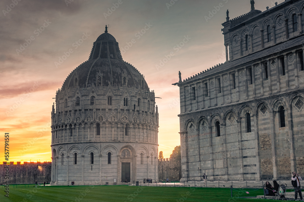 Pisa, Italy, 14 April 2022:  View of Pisa Baptistery at sunset