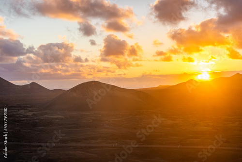 Amazing sunset over El Cuervo Volcano, in Lanzarote, Canary Islands, Spain