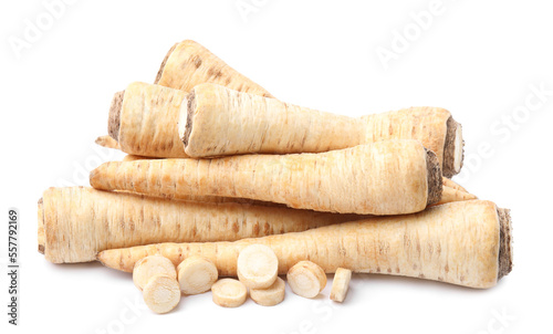 Raw parsley roots isolated on white. Healthy food