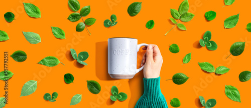 Person holding a mug with green leaves - flat lay