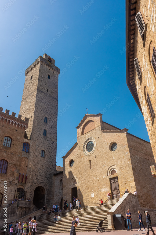 San Gimignano, Italy, 15 April 2022:  View of the towers in the historic center