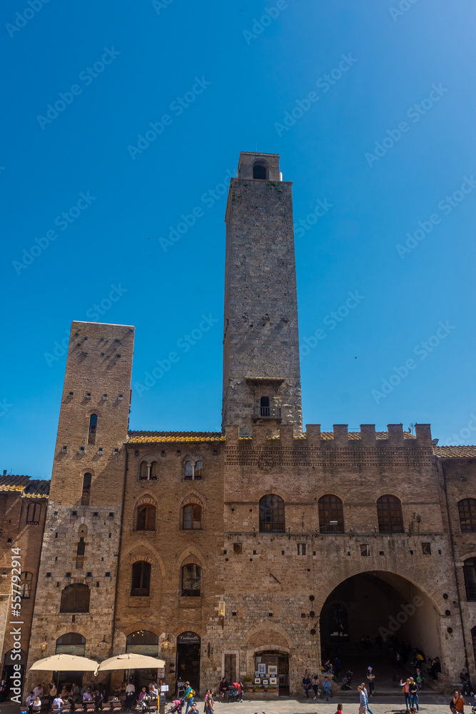 San Gimignano, Italy, 15 April 2022:  Towers in the historic center