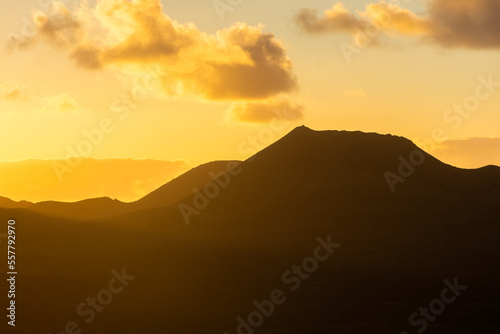Beautiful silhouette of Lanzarote volcanos at sunset  Canary Islands   Spain