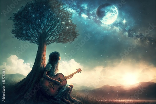 A girl plays guitar under a magic tree