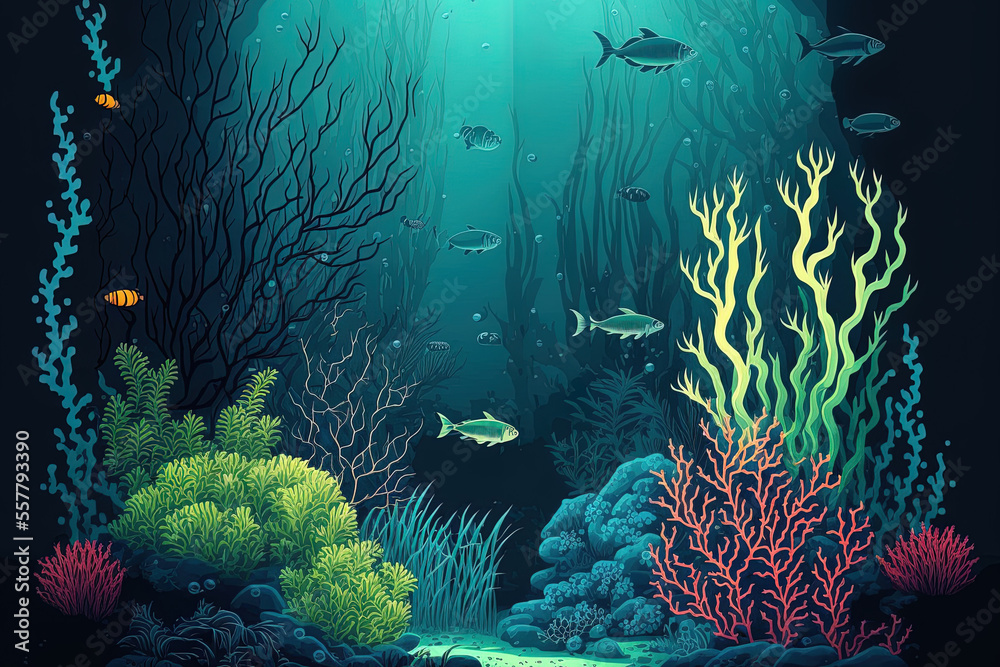 Fototapeta premium Underwater vegetation, a seascape, and an underwater landscape. Generative AI