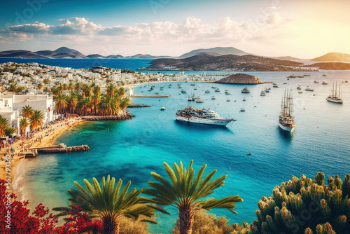 Bodrum, Turkey, is known for its unique scenery, iconic landmarks, and beautiful tropical sea bay with palm trees and a turquoise lagoon on the Aegean Sea Fototapet