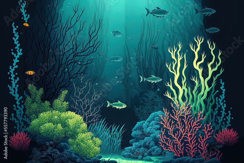 Underwater vegetation, a seascape, and an underwater landscape. Generative AI © 2rogan