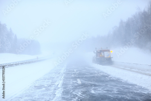 winter highway snowfall background fog poor visibility