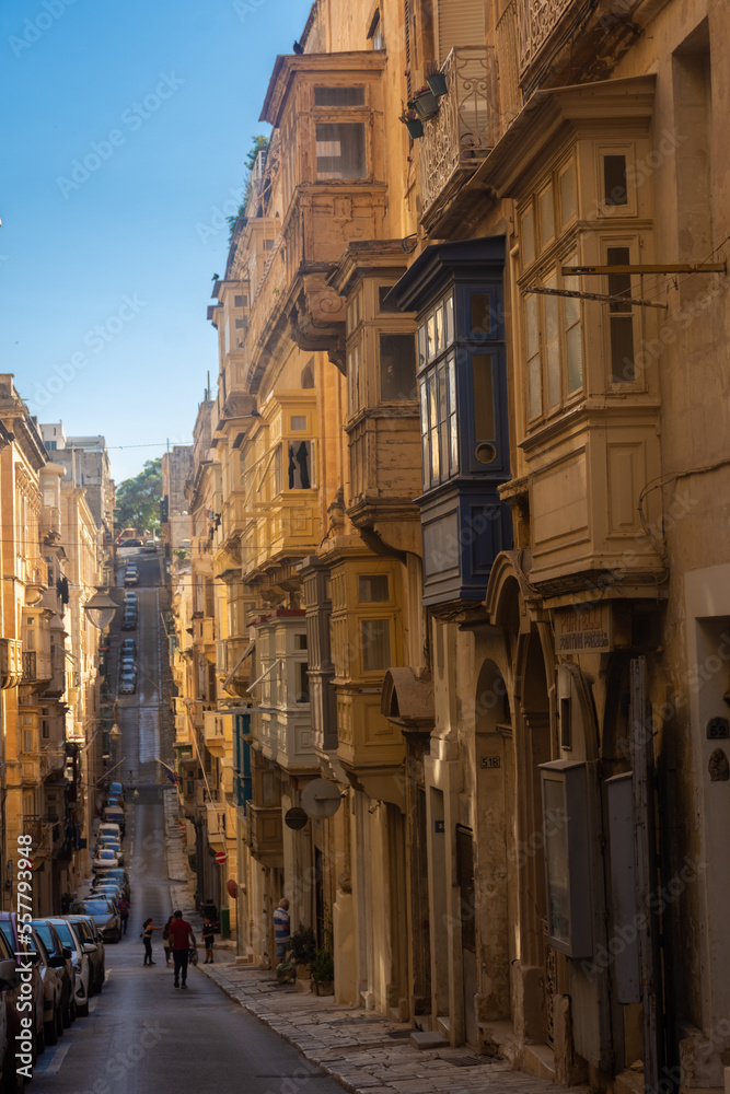 Valletta, Malta, 22 May 2022:  Buildings with traditional maltese balconies in Valletta old town