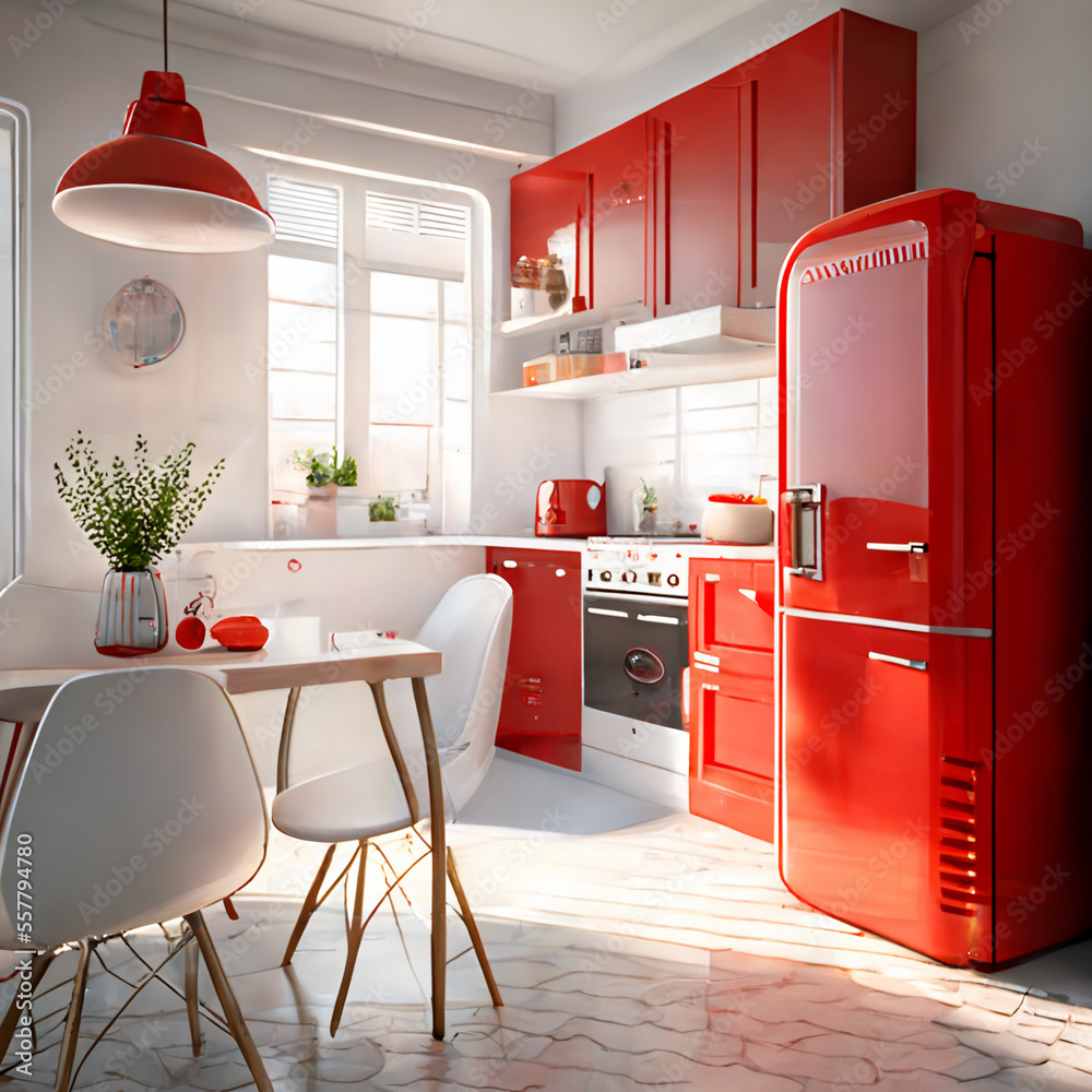 Interior Modern Kitchen Stylish Red Refrigerator Stock Photo by