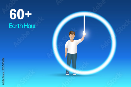Saving energy, earth hour concept. man switch off lightbulb to save energy. World environment day, earth day for sustainable environment. Vector Illustration.