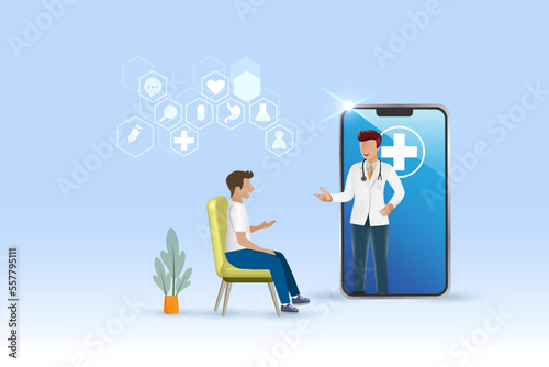Telehealth, online doctor consultation technology. Virtual doctor in medical mobile app give patient advise in health problem and sickness. Medical and health care service technology. 