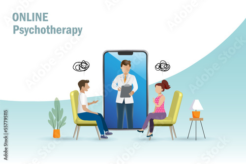 Online psychotherapy. Psychologist doctor in mobile app giving mental health consultation to depressed couple.