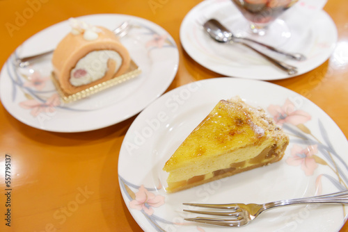 Pastries on plates at cafe