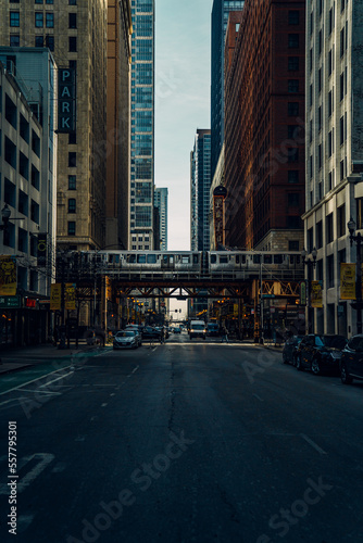 View of Downtown Chicago with train. 