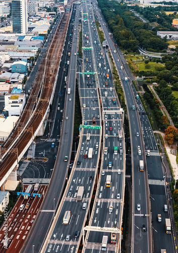 Aerial view of an expressway bridge in Odaiba, Tokyo, Japan