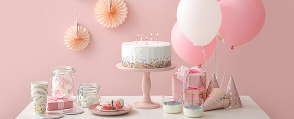 Tasty candy bar for Birthday party on table against pink background